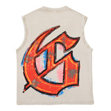 Hip hop tank top american high street trader skull print retro washed distressed rock vest