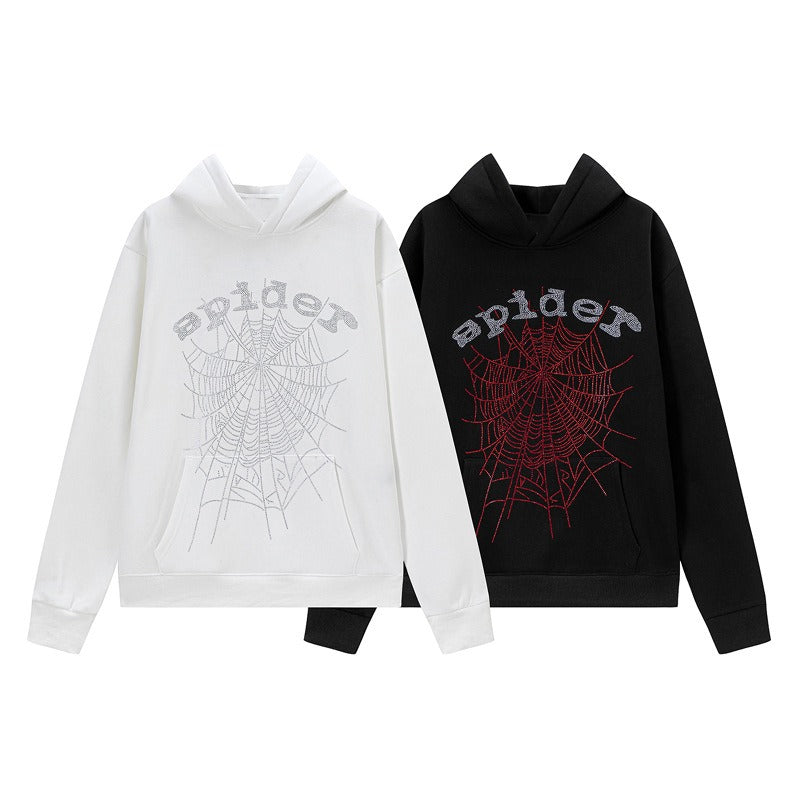 Hip-hop hoodie american style hoodie spider web letter hot diamond fleece-linedloose hooded sweatshirt outwear trendy
