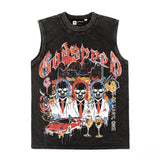 Hip hop tank top american high street trader skull print retro washed distressed rock vest