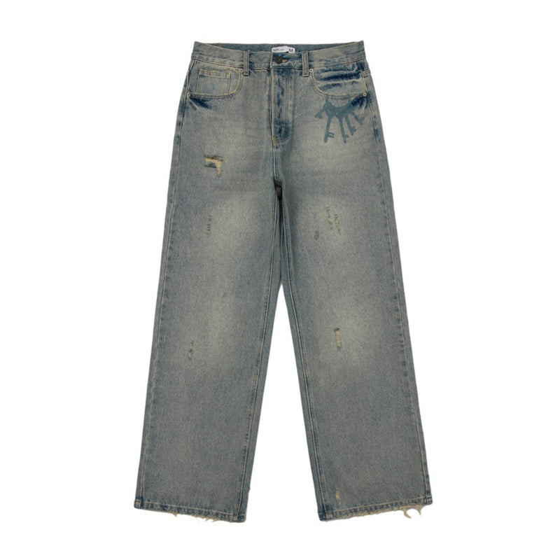 Unisex Jeans Retro Washed Denim Loose Straight