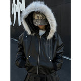 Unisex Down Jacket Vintage Leather Padded Fur Collar Jacket