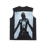 Hip hop tank top - streetwear character print, washed & distressed, oversized sleeveless vest, athletic sleeveless t-shirt for men