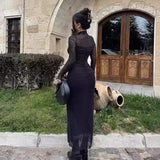 Women Dresses Spring round Neck Long Sleeve Voile Dress