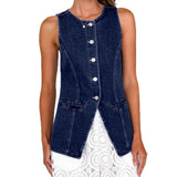 Women's top: amazon independent site cross-border fashion - vintage european & american style, round neck, sleeveless, cinched waist denim vest jacket for women