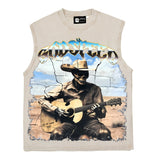 Hip hop tank top american retro skull guitar other printing washed old rock loose vest vest summer sweatshirt
