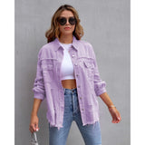Women's european and american style mid-length frayed hem distressed denim jacket - autumn/winter long sleeve casual turn-down collar top
