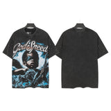 Godspeed t-shirt short-sleeved men's washed cotton printing hot diamond holes street clothing