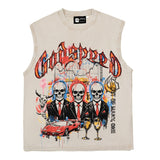 Hip hop tank top american high street trader skull print retro washed distressed rock vest