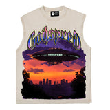 Hip hop tank top american high street niche alien flying saucer printing washed distressed loosecasual vest sweatshirt