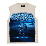 Hip hop tank top american high street retro washed heavy metal robot fluorescent dot printing washed vest vest
