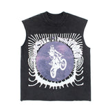 Hip hop tank top american high street motorcycle flyer printingtrendyretro washed distressed loose waistcoat vest sweatshirt