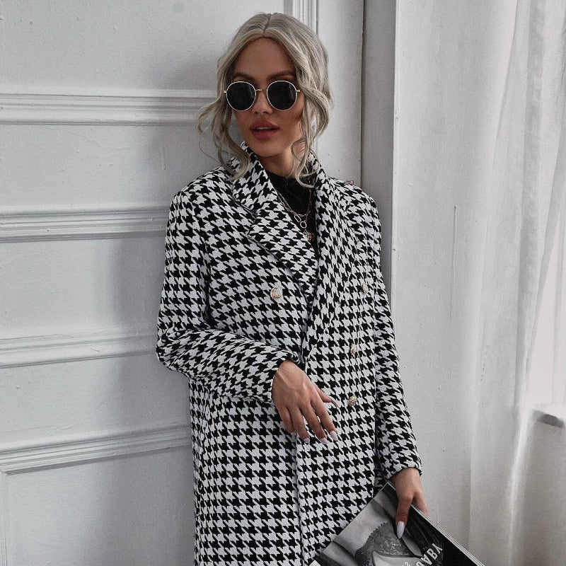Plaid Trench Coat Houndstooth Print Long Woolen Coat