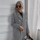 Plaid Trench Coat Houndstooth Print Long Woolen Coat