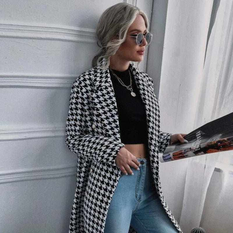 Plaid Trench Coat Houndstooth Print Long Woolen Coat