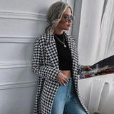 Plaid Trench Coat Houndstooth Print Long Woolen Coat