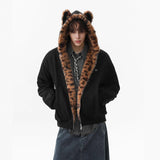 Unisex Down Jacket Winter Fleece Cotton Jacket Tiger Pattern Fur Collar Jacket