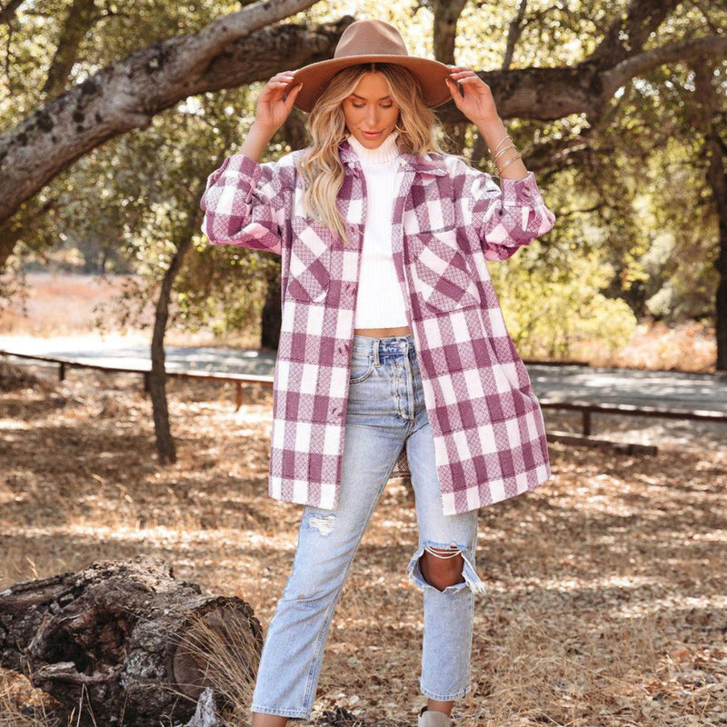 Plaid Trench Coat Print Long Woolen Coat