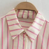 Women's T-Shirt Spring and Autumn Loose Lapel Long Sleeves Striped Shirt