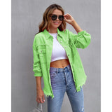 Women's european and american style mid-length frayed hem distressed denim jacket - autumn/winter long sleeve casual turn-down collar top