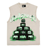 Hip hop tank top american street rock retro tv printing washed and distressed trendyhip hop vest sweatshirt
