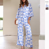 Women's top - european & american style - amazon summer fashion casual turn-down collar three-quarter sleeve shirt & loungewear set