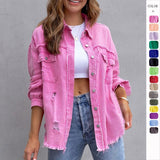 Women's european and american style mid-length frayed hem distressed denim jacket - autumn/winter long sleeve casual turn-down collar top