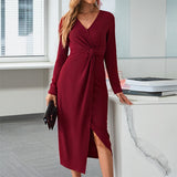 Work Dresses V-Neck Temperament Sexy Split Long Sleeve Dress