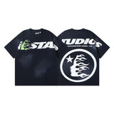 Men's short-sleeve t-shirt - washed print with hotfix rhinestones - premium cotton - high quality