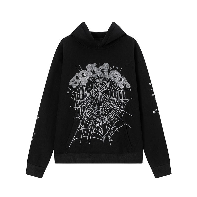 Hip-hop hoodie american style hoodie spider web letter hot diamond fleece-linedloose hooded sweatshirtoutwear