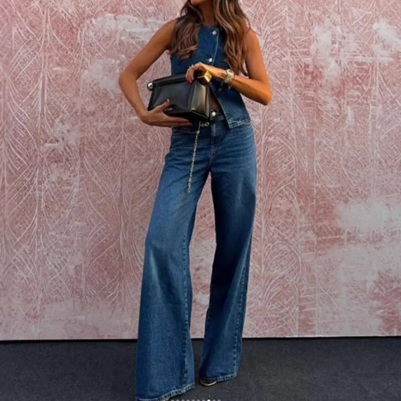 Women's sleeveless vest & wide-leg denim set - spring/summer amazon us/eu cross-border fashion