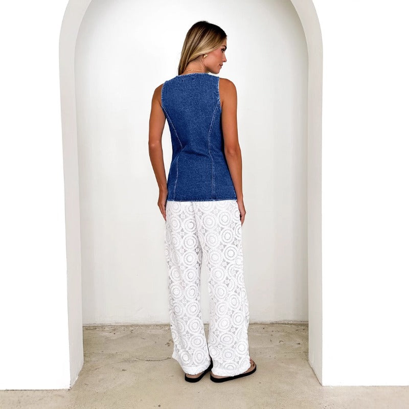 Women's top: amazon independent site cross-border fashion - vintage european & american style, round neck, sleeveless, cinched waist denim vest jacket for women