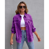 Women's european and american style mid-length frayed hem distressed denim jacket - autumn/winter long sleeve casual turn-down collar top