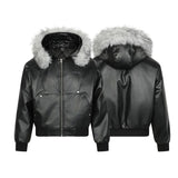 Unisex Down Jacket Vintage Leather Padded Fur Collar Jacket