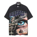 Godspeed t-shirt short-sleeved men's washed cotton printing hot diamond holes street clothing
