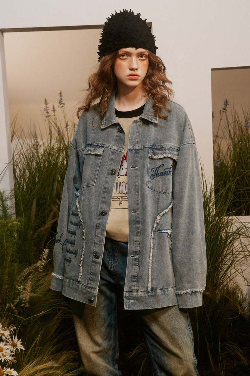 Unisex Jacket Fall Frayed Hem Denim Jacket Women's Clothing