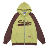 Men Hoodie Color-Block Raglan Sleeves Hooded Sweater Men's Spring and Autumn Leisure Letter Embroidered Zipper Jacket