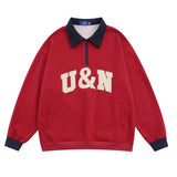 Men Hoodie Lapel Sweater Men's Spring and Autumn Loose Contrast Color Polo Collar Half Zipper Top
