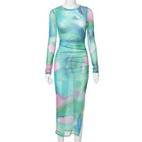 Woman Dresses Winter Print Mesh round-Neck Long-Sleeved Dress