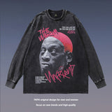 Men Long Sleeve Shirt Rodman Graffiti Printing Washed Long Sleeve Bottoming T-shirt for Men and Women