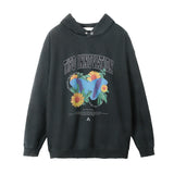 Men Hoodie Washed and Worn Hooded Sweater Men's Loose Plant Flower Print