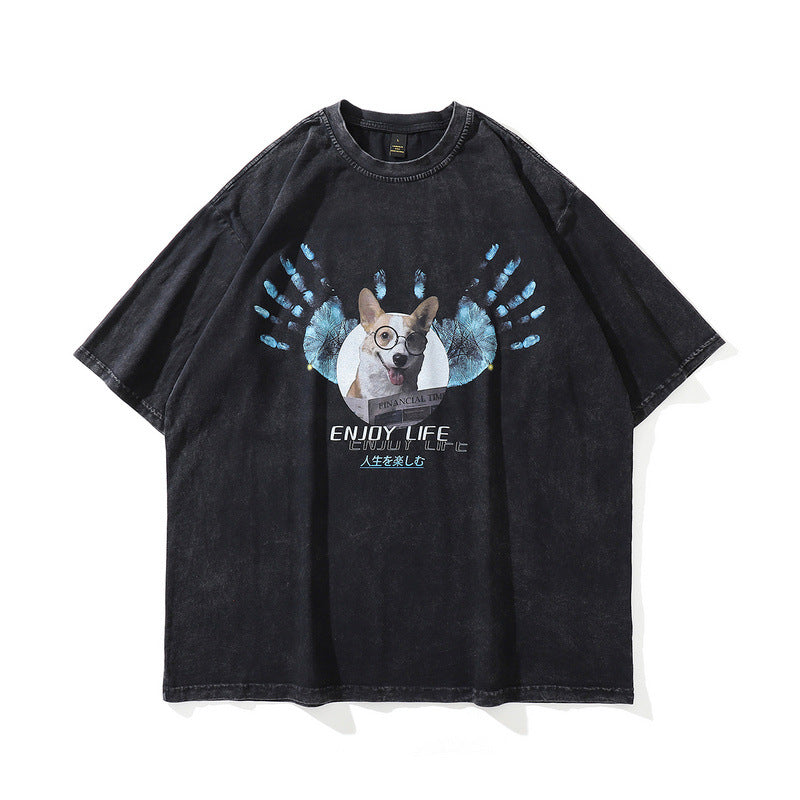 Men T Shirt Worn Looking Washed-out Cartoon Printed Short Sleeve T-shirt for Men and Women
