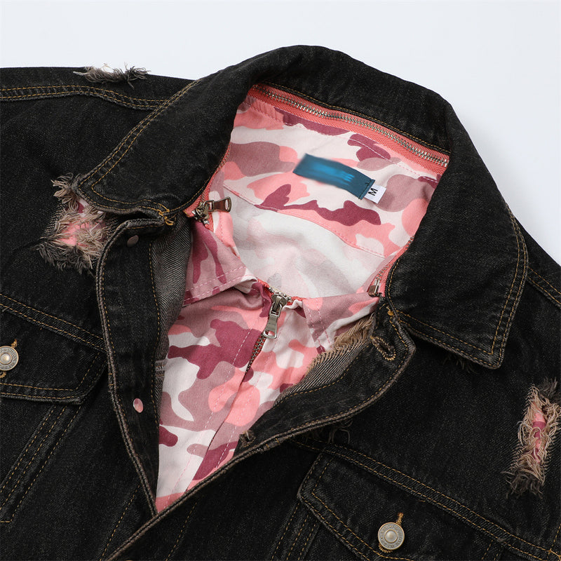 Men Denim Jacket Men's Loose Hole Denim Camouflage Coat