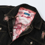 Men Denim Jacket Men's Loose Hole Denim Camouflage Coat