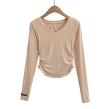Women T-Shirt Waist Pleated Design V-neck Bottoming Shirt Women's Autumn