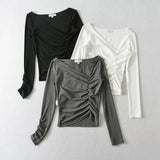 Women T-Shirt Casual Versatile Pleating Long Sleeve Bottoming T-shirt