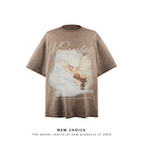 American vintage street T-shirt retro hand-painted bird print men's summer loose half sleeve