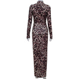 Women Desses Long Sleeve Leopard-Print Slim-Fit Dress Maxi Dress