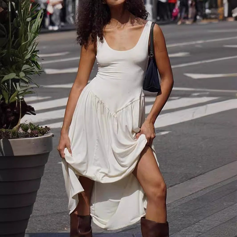 Women Dresses Idle Style U-Neck Pleated Waist Tight Dress Long Dress