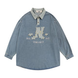 Men Long Sleeve T Shirt Spring and Autumn Long Sleeve Pullover Denim Top Men's Embroidery Letter Polo
