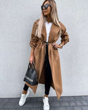 Plaid Trench Coat Autumn and Winter Long Sleeve Button Lapel Keep Warm Pure Color Long Woolen Coat